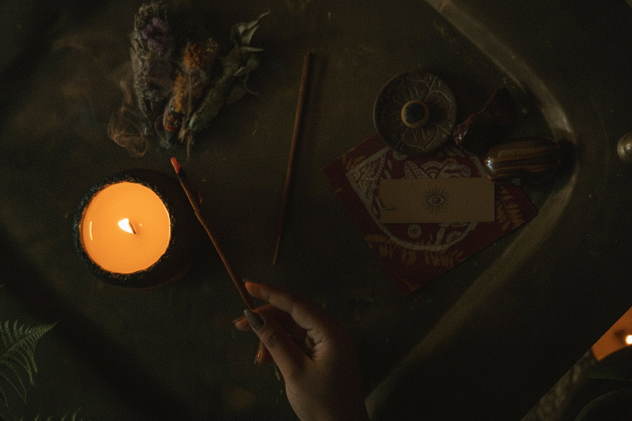 Candlelit scene with a hand holding incense